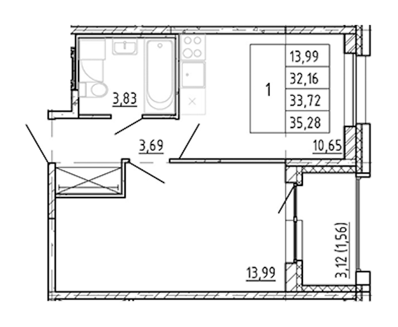 1-комнатная квартира 32.16 м², 8/12 эт., ЖК «Полис Новоселье»